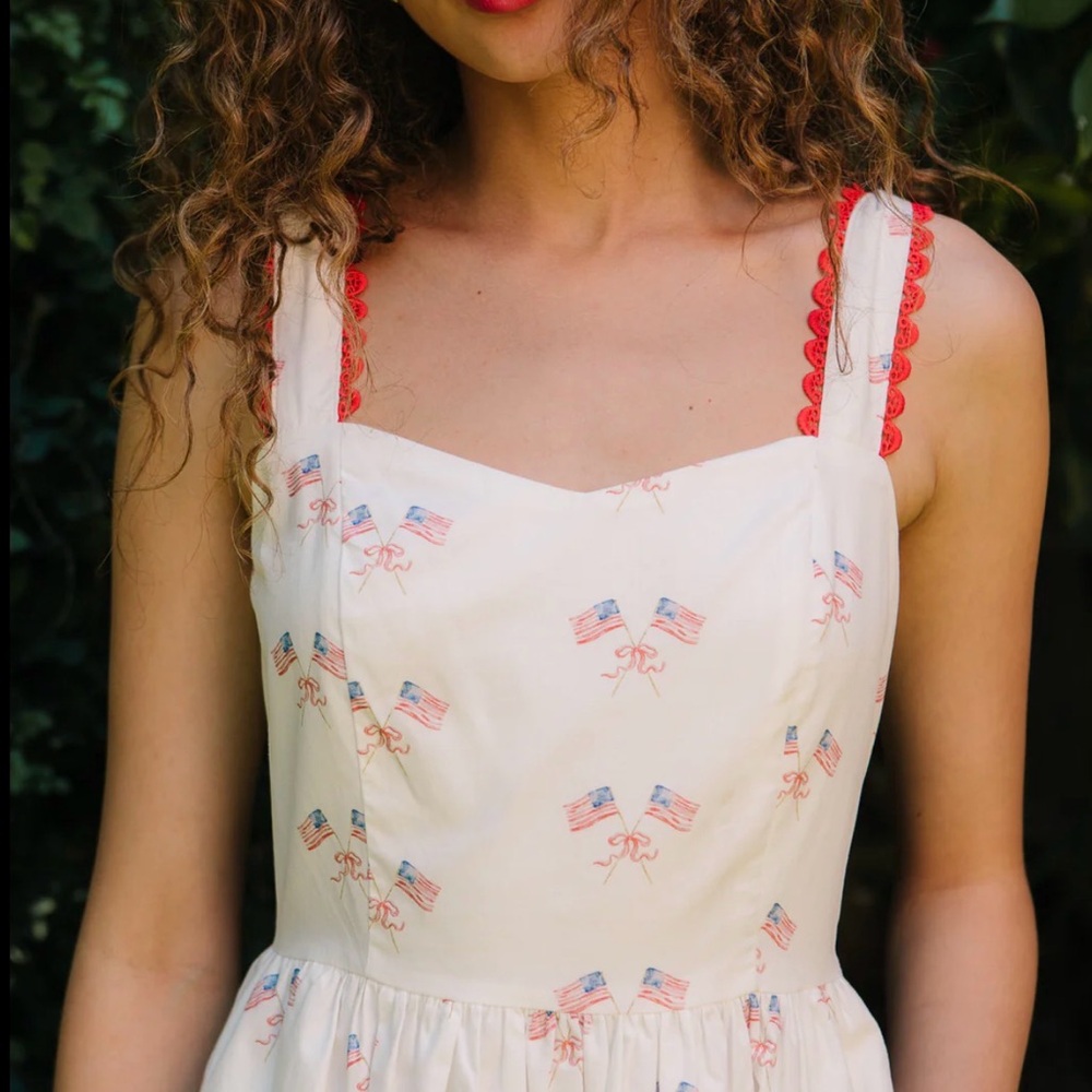 White Sleeveless Flag Print Sundress with Red Trim
